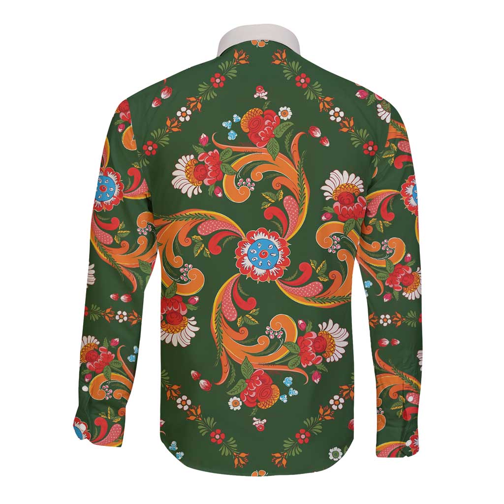 Norwegian Male Bunad Long Sleeve Button Shirt with Rosemaling Folk Art Green Color - Wonder Print Shop