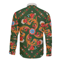 Norwegian Male Bunad Long Sleeve Button Shirt with Rosemaling Folk Art Green Color - Wonder Print Shop