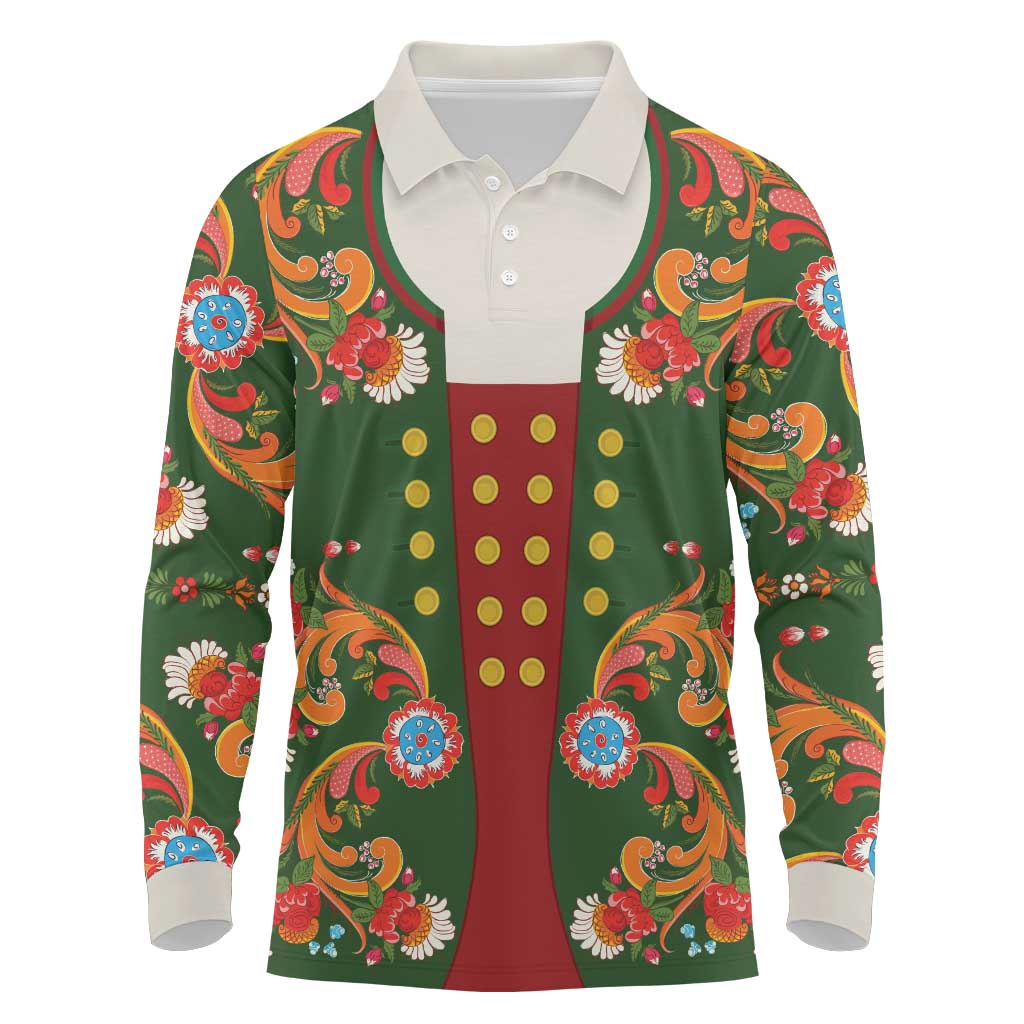 Norwegian Male Bunad Long Sleeve Polo Shirt with Rosemaling Folk Art Green Color - Wonder Print Shop