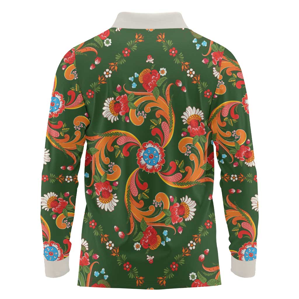 Norwegian Male Bunad Long Sleeve Polo Shirt with Rosemaling Folk Art Green Color - Wonder Print Shop