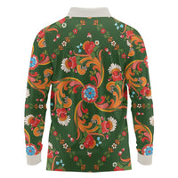 Norwegian Male Bunad Long Sleeve Polo Shirt with Rosemaling Folk Art Green Color - Wonder Print Shop