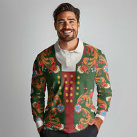 Norwegian Male Bunad Long Sleeve Polo Shirt with Rosemaling Folk Art Green Color - Wonder Print Shop