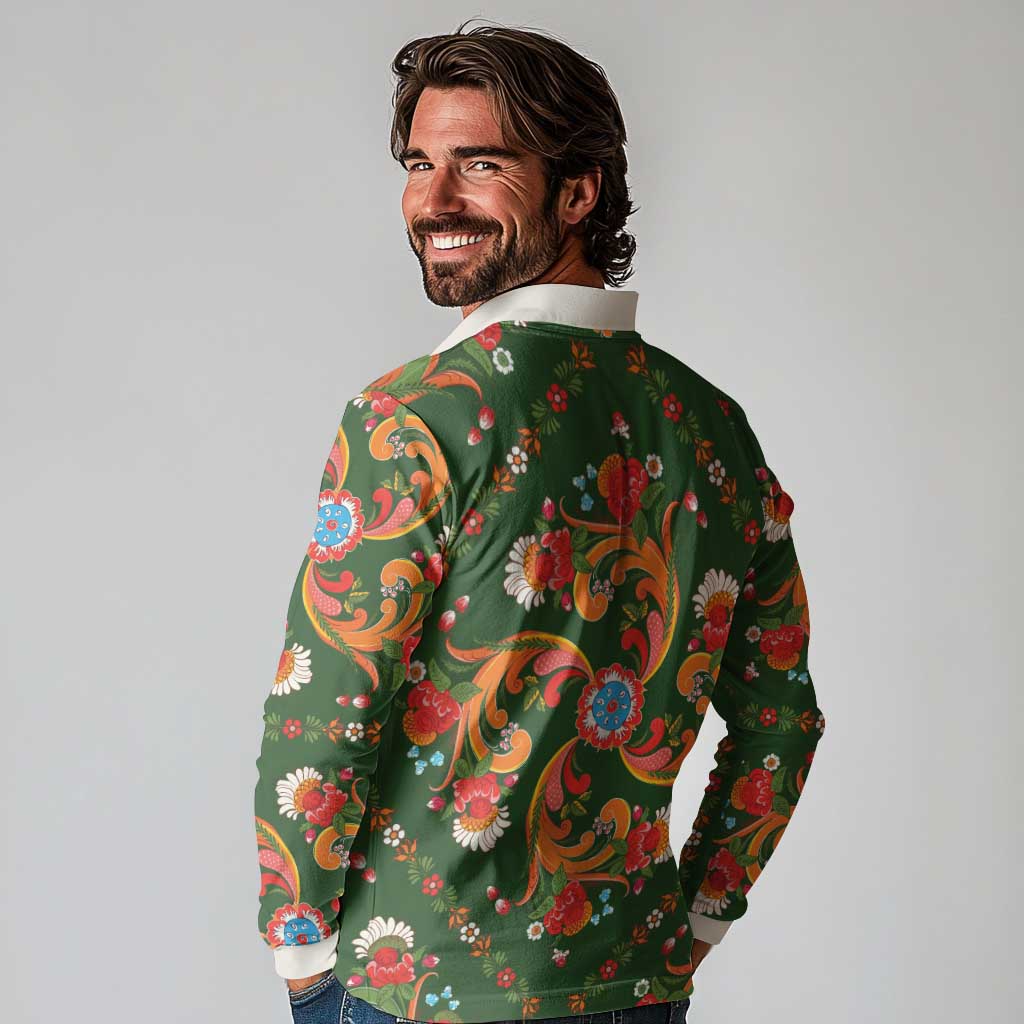 Norwegian Male Bunad Long Sleeve Polo Shirt with Rosemaling Folk Art Green Color - Wonder Print Shop