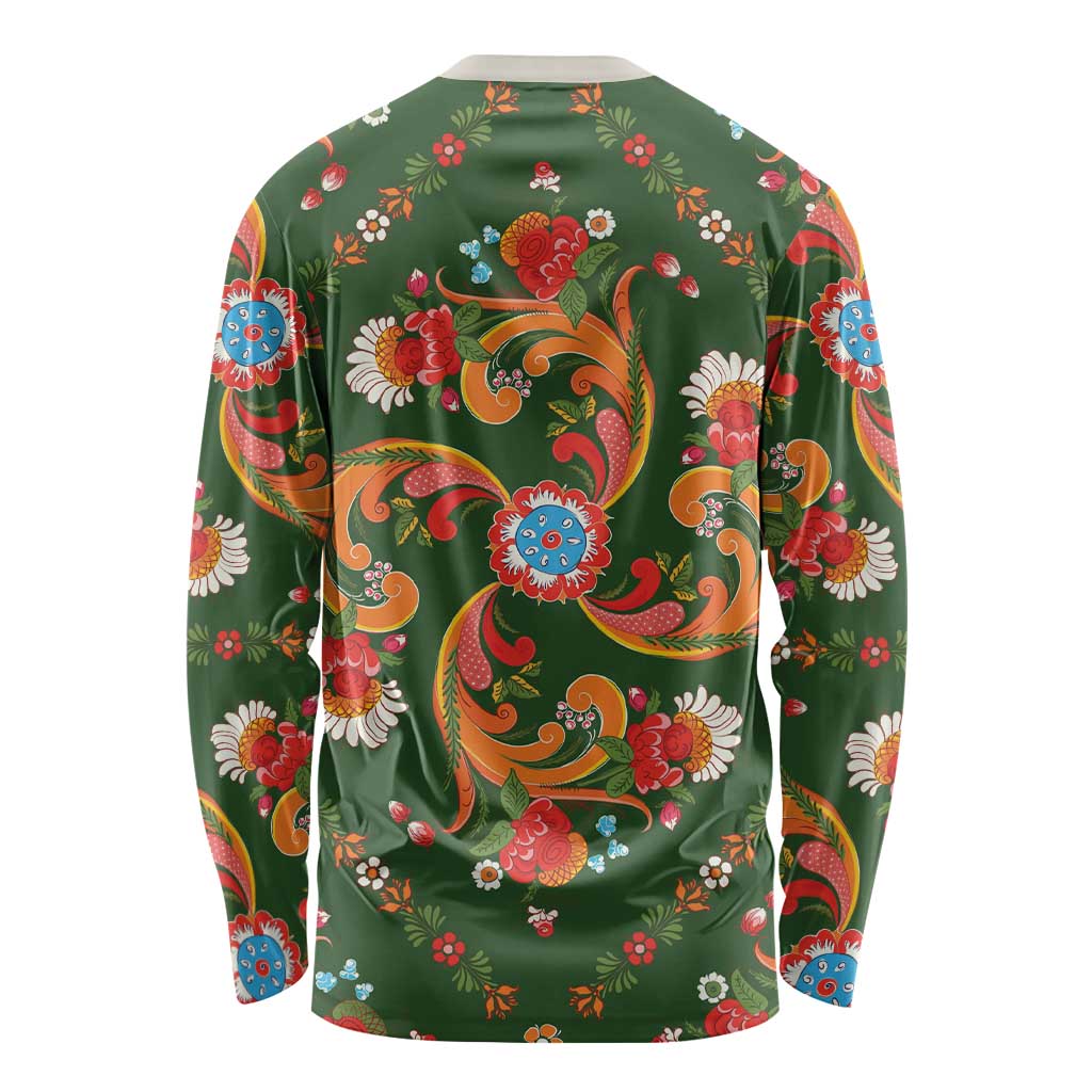 Norwegian Male Bunad Long Sleeve Shirt with Rosemaling Folk Art Green Color - Wonder Print Shop