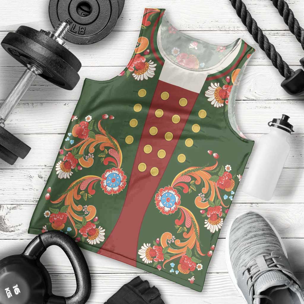 Norwegian Male Bunad Men Tank Top with Rosemaling Folk Art Green Color - Wonder Print Shop