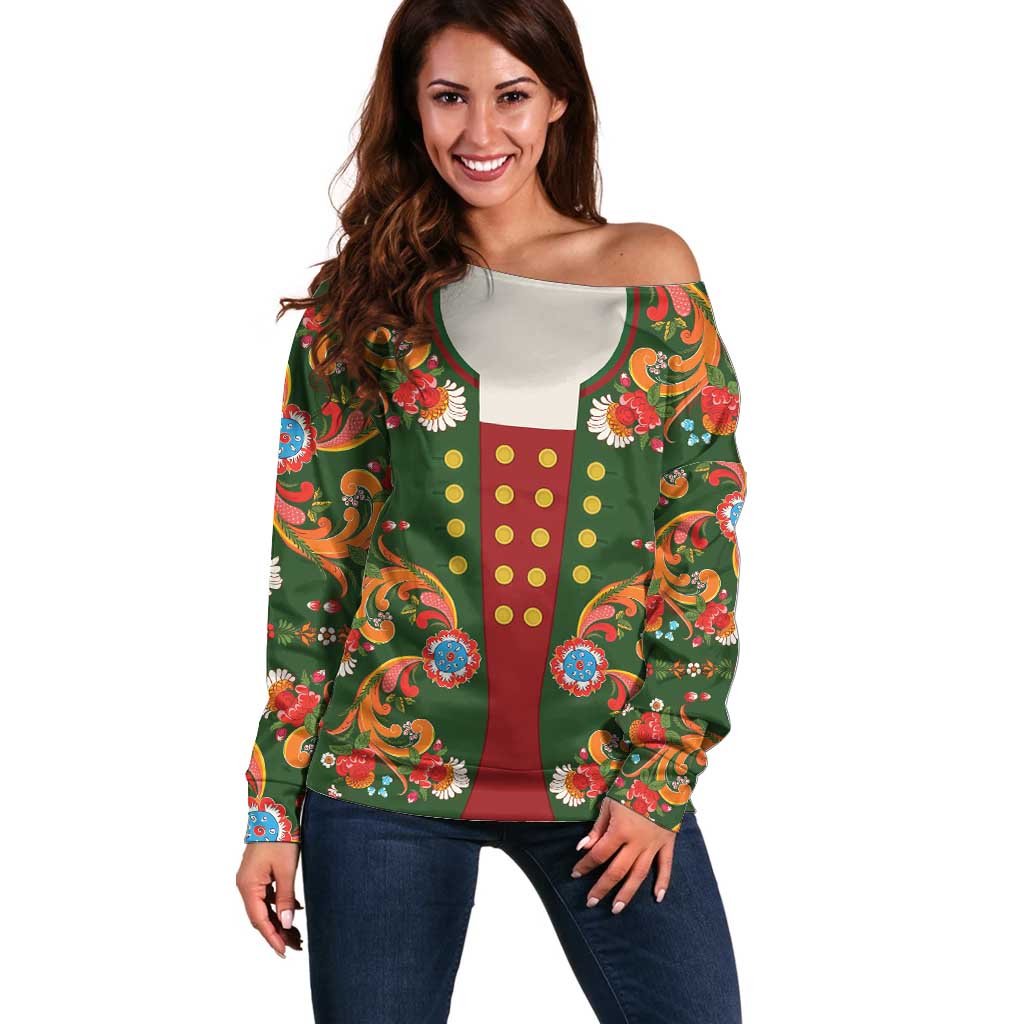 Norwegian Male Bunad Off Shoulder Sweater with Rosemaling Folk Art Green Color - Wonder Print Shop
