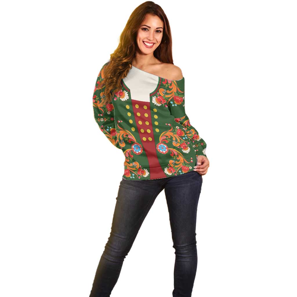 Norwegian Male Bunad Off Shoulder Sweater with Rosemaling Folk Art Green Color - Wonder Print Shop