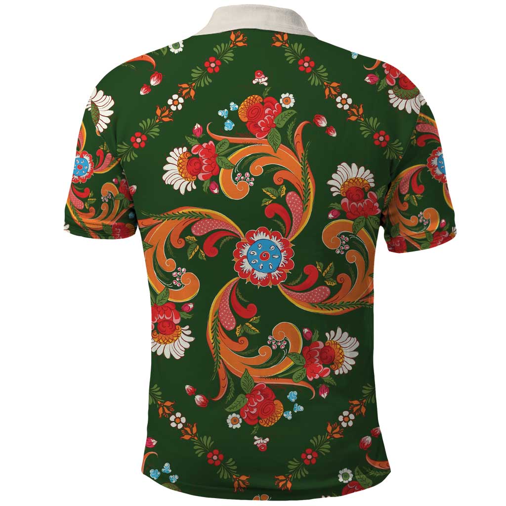 Norwegian Male Bunad Polo Shirt with Rosemaling Folk Art Green Color - Wonder Print Shop