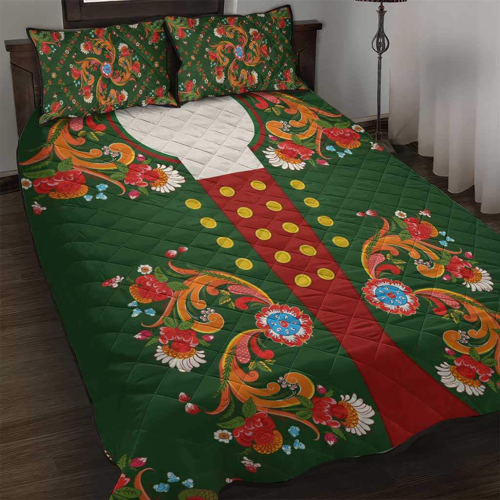 Norwegian Male Bunad Quilt Bed Set with Rosemaling Folk Art Green Color - Wonder Print Shop
