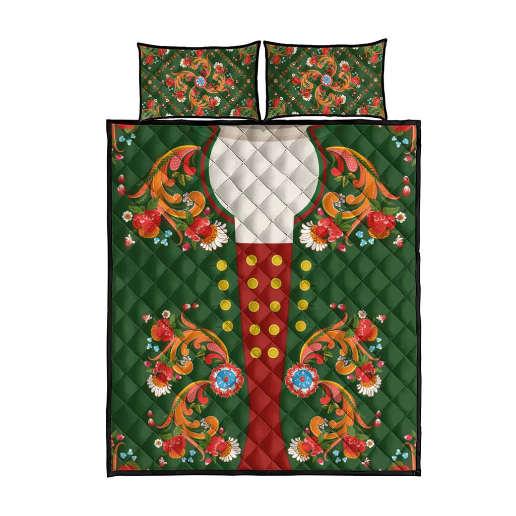 Norwegian Male Bunad Quilt Bed Set with Rosemaling Folk Art Green Color - Wonder Print Shop