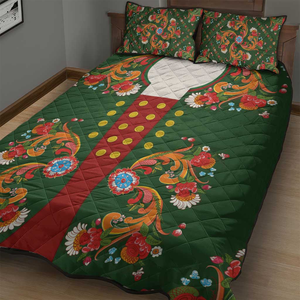 Norwegian Male Bunad Quilt Bed Set with Rosemaling Folk Art Green Color - Wonder Print Shop