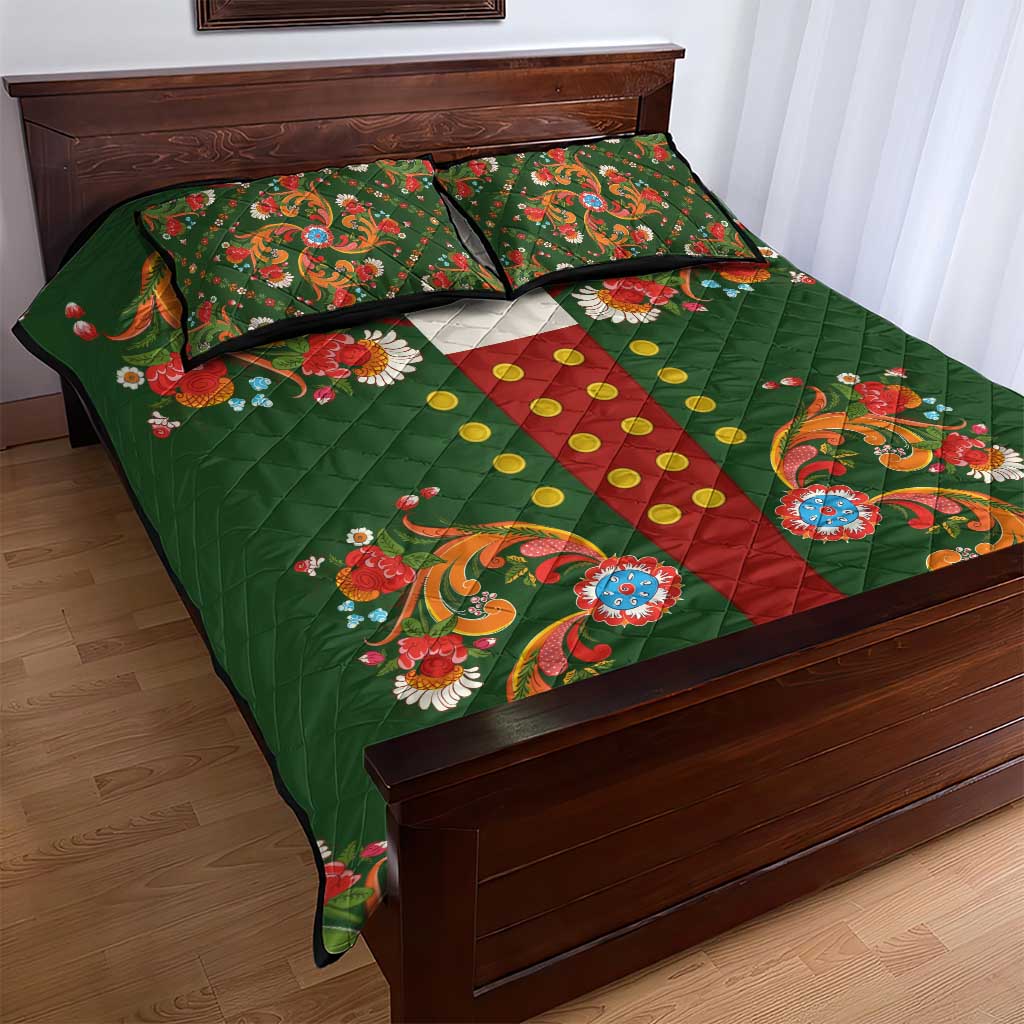 Norwegian Male Bunad Quilt Bed Set with Rosemaling Folk Art Green Color - Wonder Print Shop