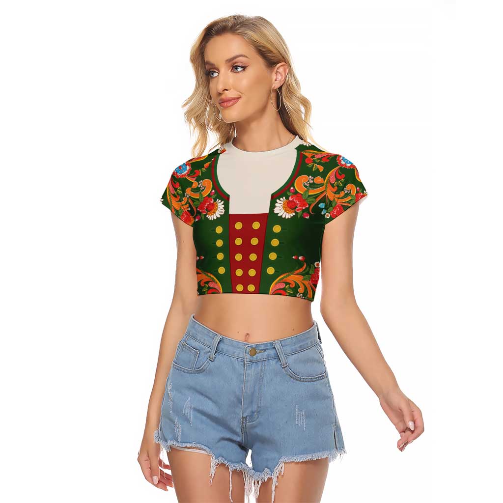 Norwegian Male Bunad Raglan Cropped T Shirt with Rosemaling Folk Art Green Color - Wonder Print Shop