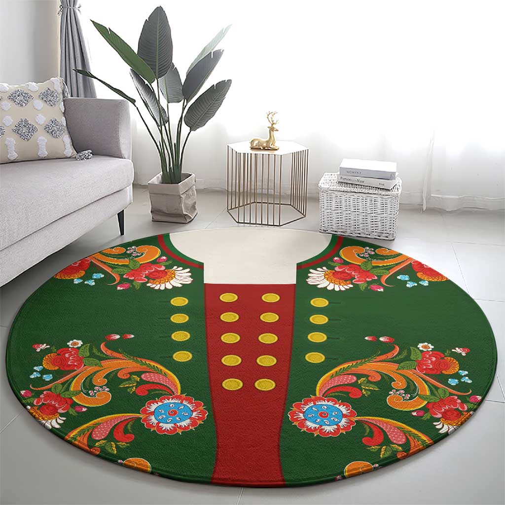 Norwegian Male Bunad Round Carpet with Rosemaling Folk Art Green Color - Wonder Print Shop