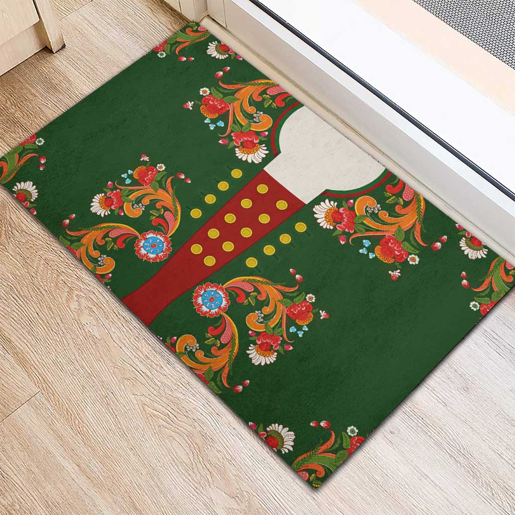 Norwegian Male Bunad Rubber Doormat with Rosemaling Folk Art Green Color - Wonder Print Shop