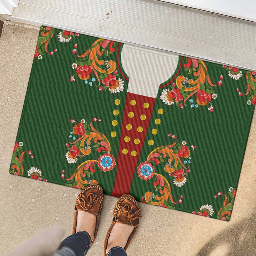 Norwegian Male Bunad Rubber Doormat with Rosemaling Folk Art Green Color - Wonder Print Shop