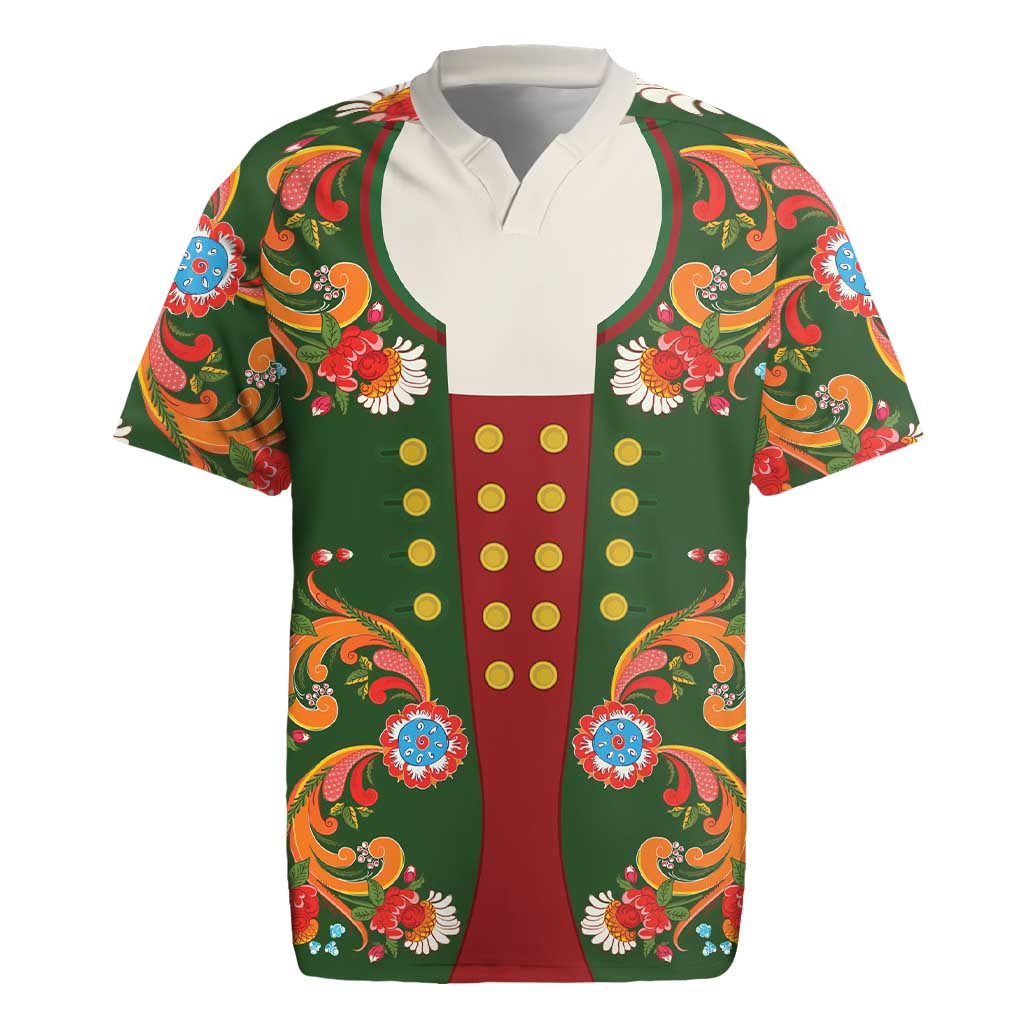 Norwegian Male Bunad Rugby Jersey with Rosemaling Folk Art Green Color - Wonder Print Shop