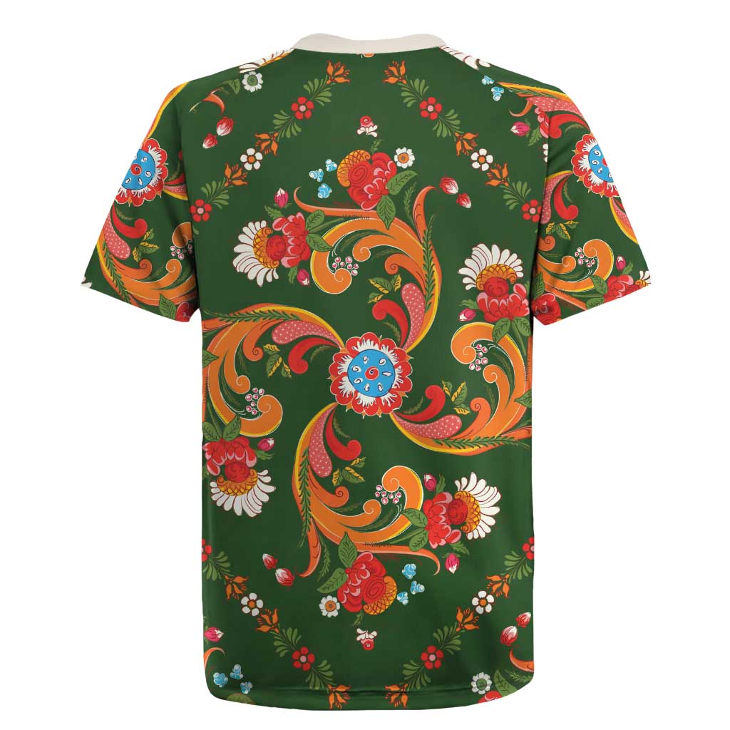 Norwegian Male Bunad Rugby Jersey with Rosemaling Folk Art Green Color - Wonder Print Shop