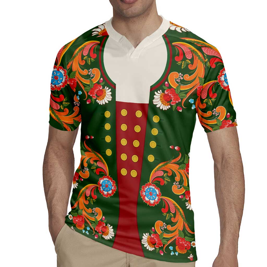 Norwegian Male Bunad Rugby Jersey with Rosemaling Folk Art Green Color - Wonder Print Shop