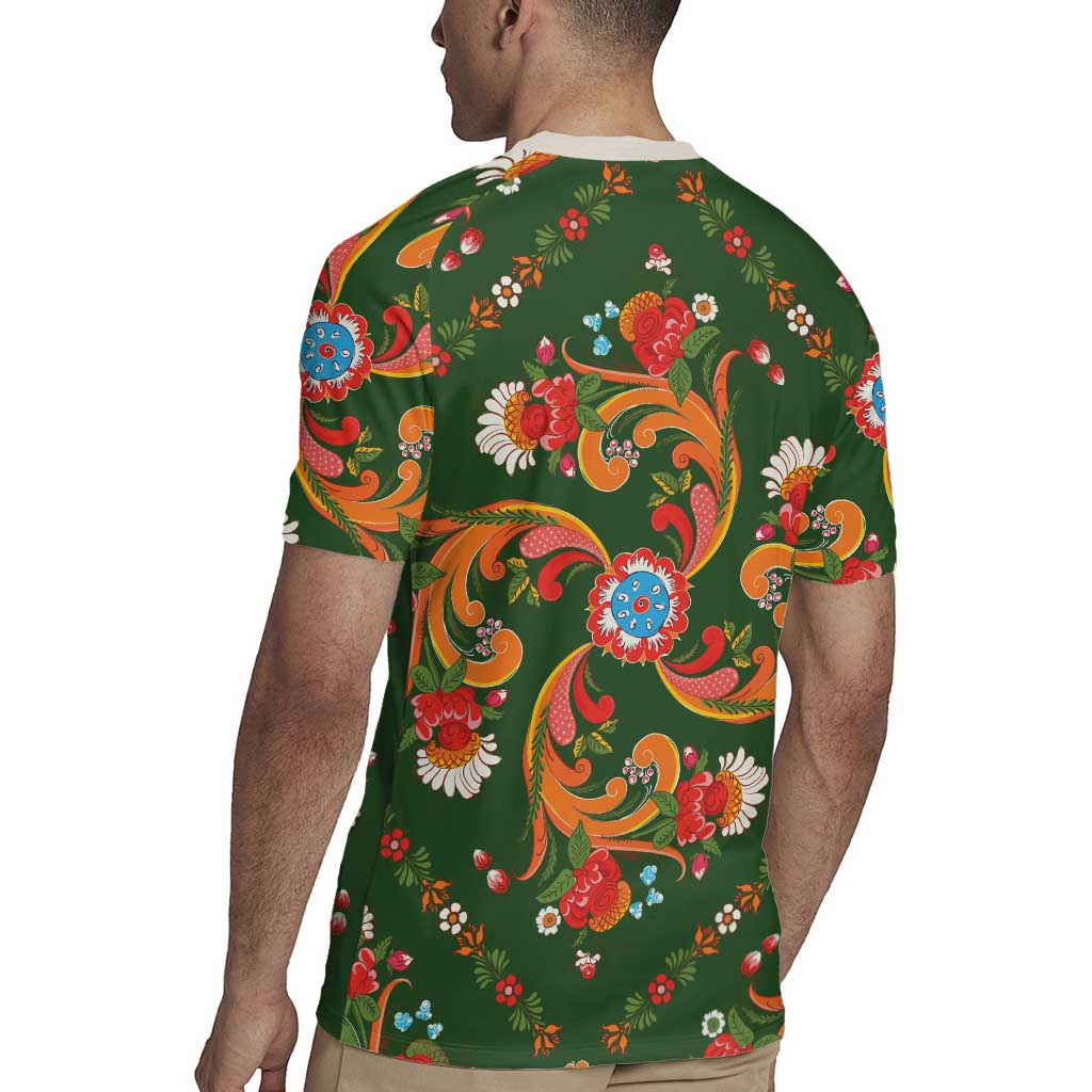 Norwegian Male Bunad Rugby Jersey with Rosemaling Folk Art Green Color - Wonder Print Shop