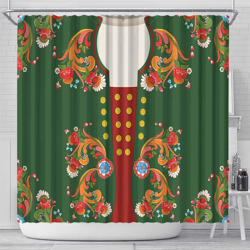 Norwegian Male Bunad Shower Curtain with Rosemaling Folk Art Green Color - Wonder Print Shop