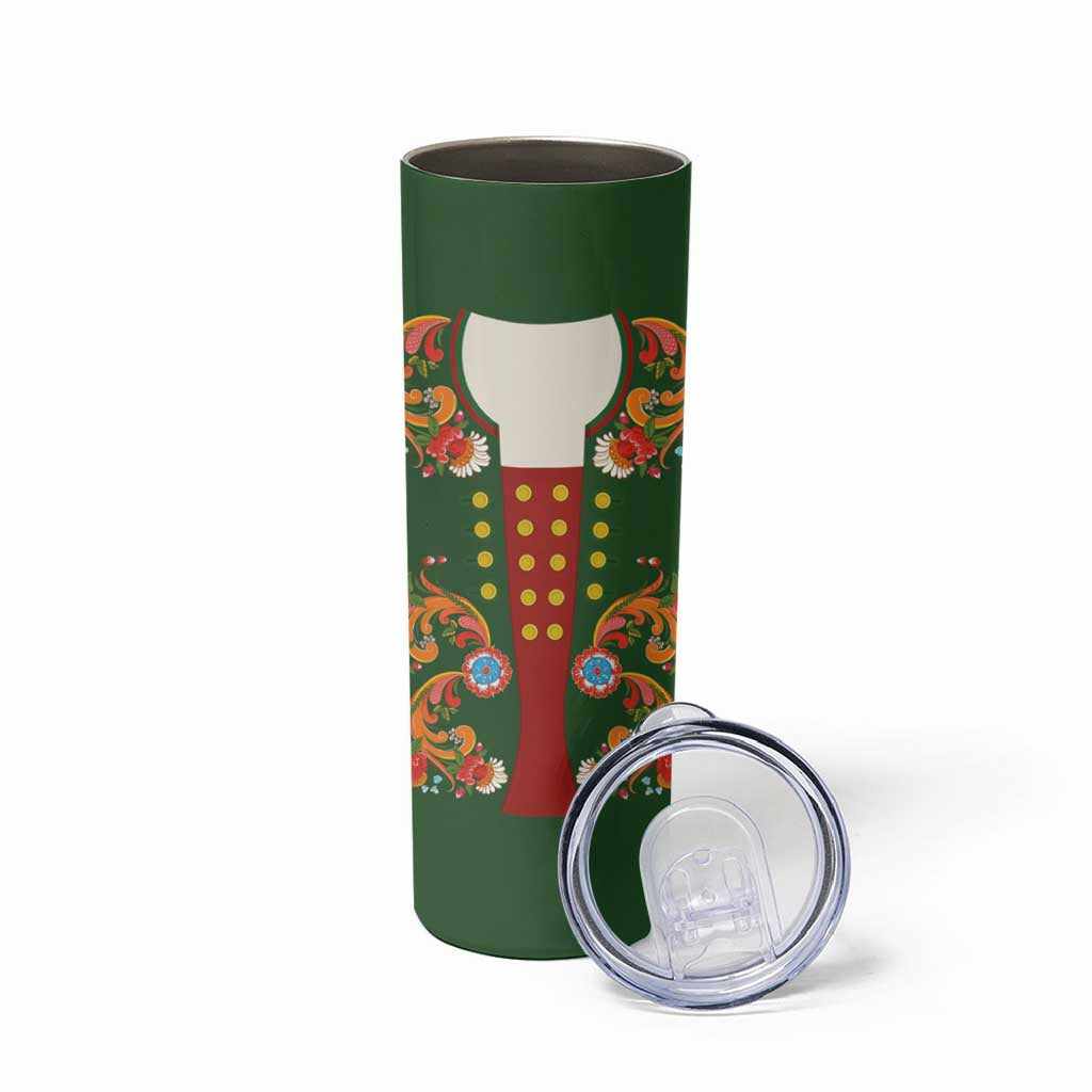 Norwegian Male Bunad Skinny Tumbler with Rosemaling Folk Art Green Color - Wonder Print Shop