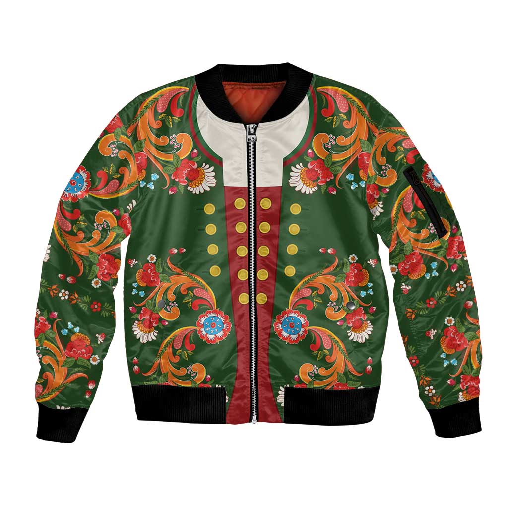 Norwegian Male Bunad Sleeve Zip Bomber Jacket with Rosemaling Folk Art Green Color - Wonder Print Shop