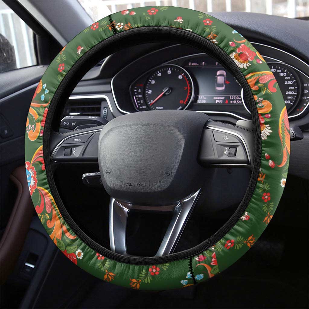 Norwegian Male Bunad Steering Wheel Cover with Rosemaling Folk Art Green Color - Wonder Print Shop