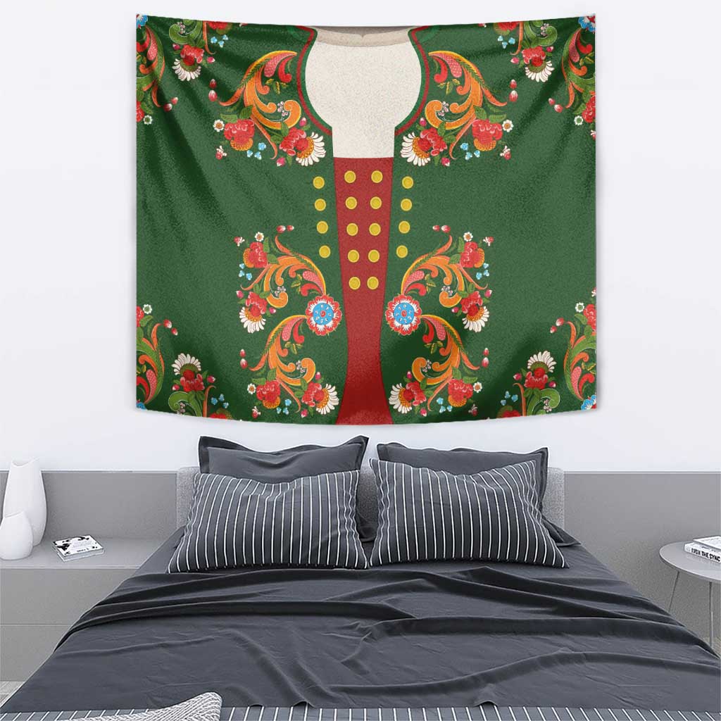 Norwegian Male Bunad Tapestry with Rosemaling Folk Art Green Color - Wonder Print Shop