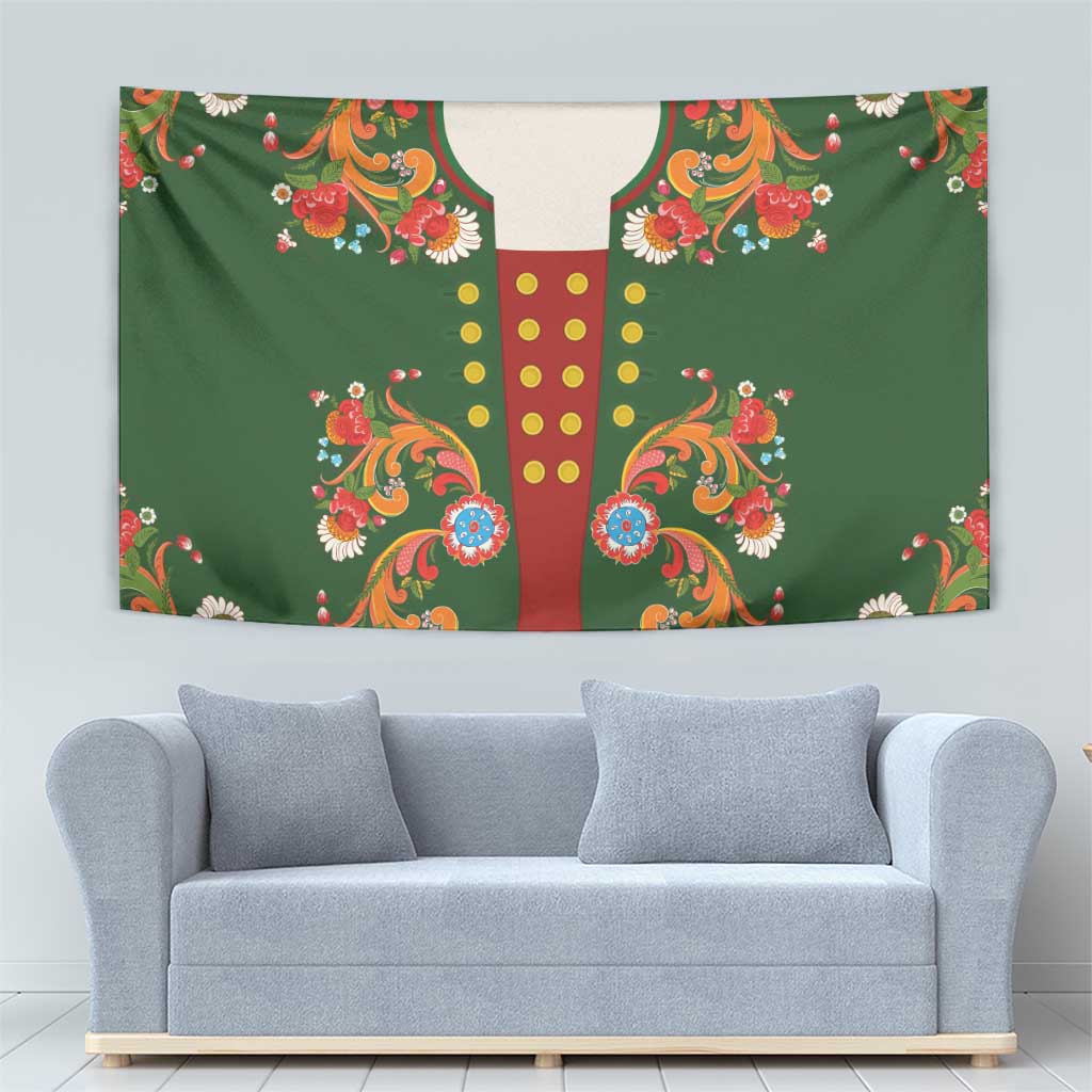Norwegian Male Bunad Tapestry with Rosemaling Folk Art Green Color - Wonder Print Shop