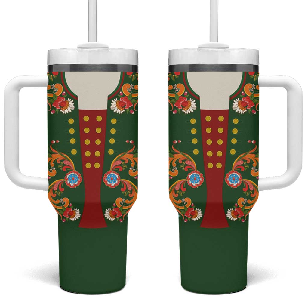 Norwegian Male Bunad Tumbler With Handle with Rosemaling Folk Art Green Color - Wonder Print Shop