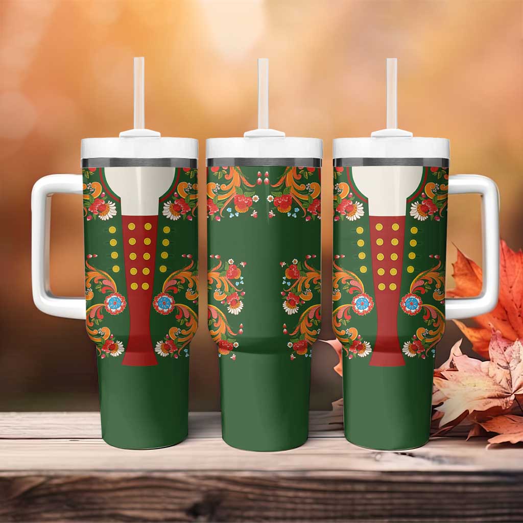 Norwegian Male Bunad Tumbler With Handle with Rosemaling Folk Art Green Color - Wonder Print Shop