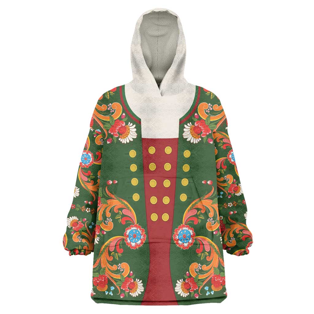 Norwegian Male Bunad Wearable Blanket Hoodie with Rosemaling Folk Art Green Color - Wonder Print Shop
