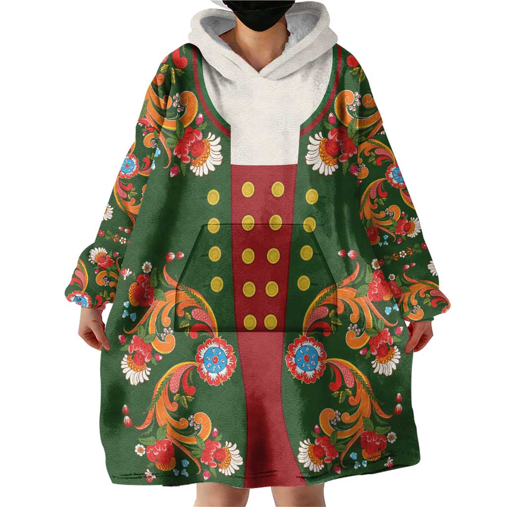 Norwegian Male Bunad Wearable Blanket Hoodie with Rosemaling Folk Art Green Color - Wonder Print Shop