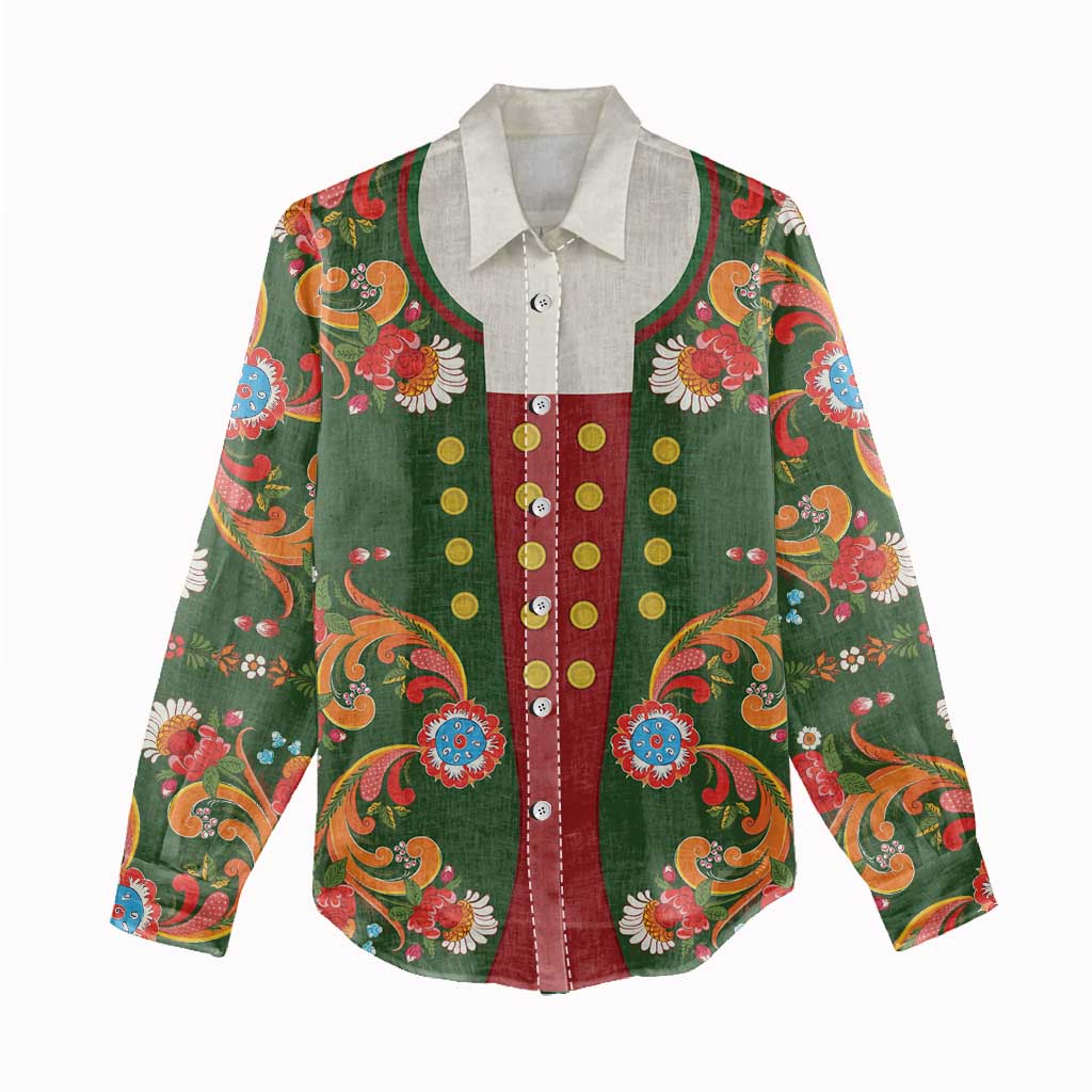 Norwegian Male Bunad Women Casual Shirt with Rosemaling Folk Art Green Color - Wonder Print Shop