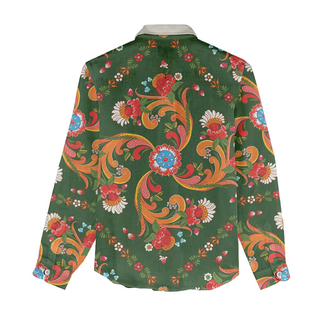 Norwegian Male Bunad Women Casual Shirt with Rosemaling Folk Art Green Color - Wonder Print Shop