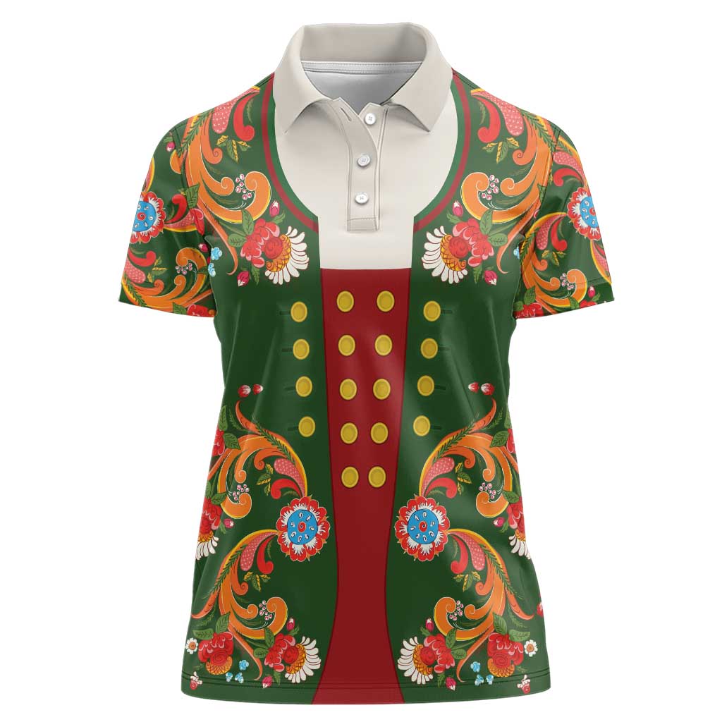 Norwegian Male Bunad Women Polo Shirt with Rosemaling Folk Art Green Color - Wonder Print Shop