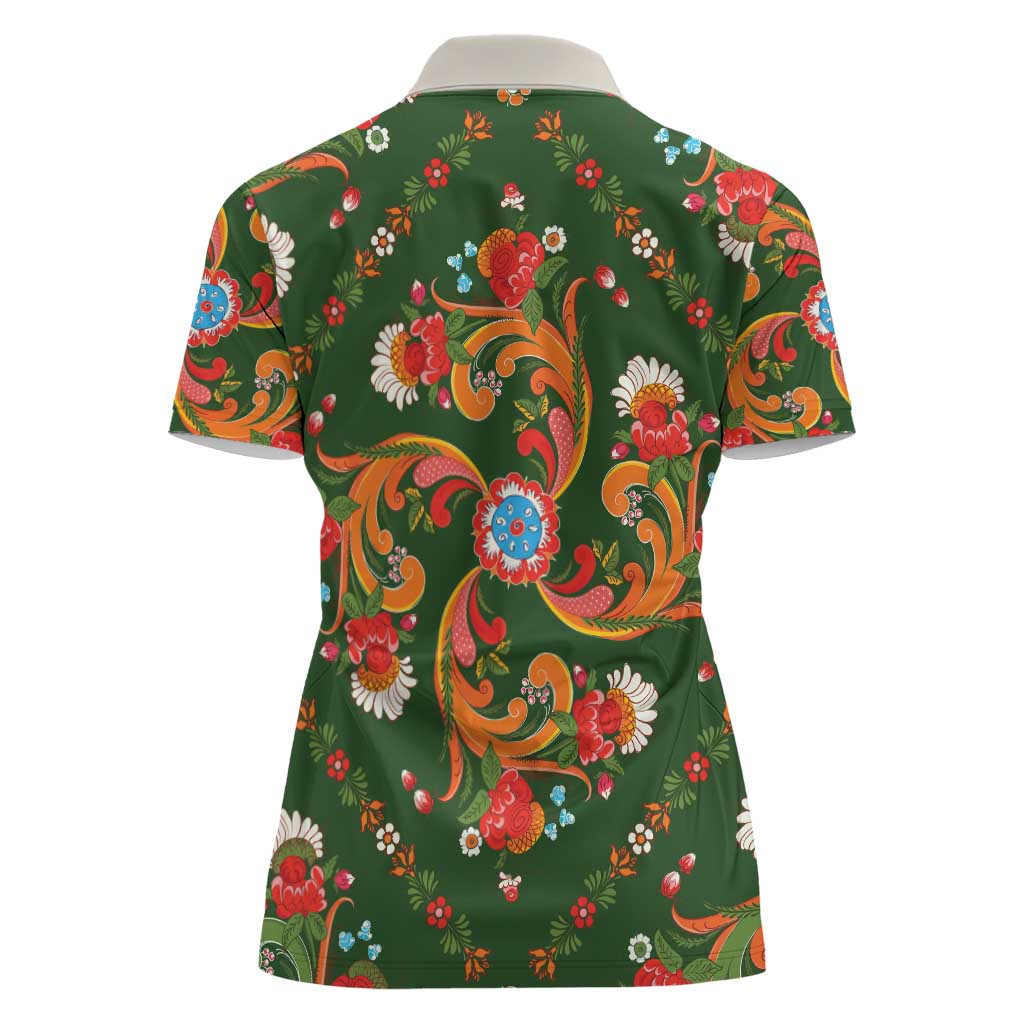 Norwegian Male Bunad Women Polo Shirt with Rosemaling Folk Art Green Color - Wonder Print Shop