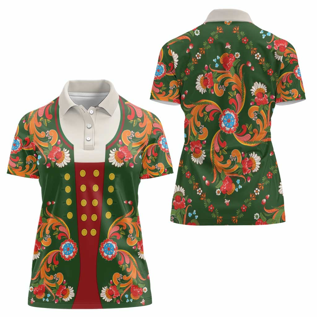 Norwegian Male Bunad Women Polo Shirt with Rosemaling Folk Art Green Color - Wonder Print Shop