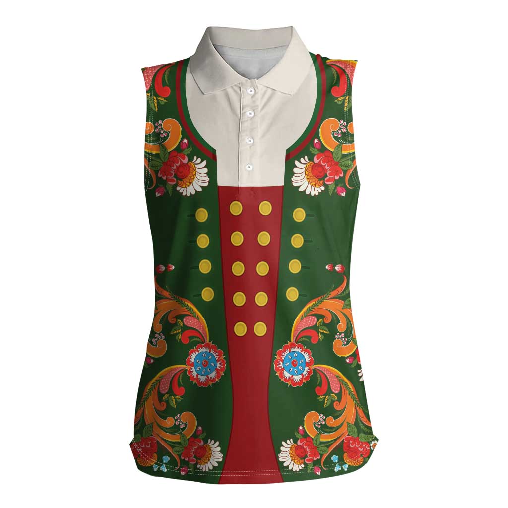 Norwegian Male Bunad Women Sleeveless Polo Shirt with Rosemaling Folk Art Green Color - Wonder Print Shop