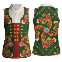 Norwegian Male Bunad Women Sleeveless Polo Shirt with Rosemaling Folk Art Green Color - Wonder Print Shop