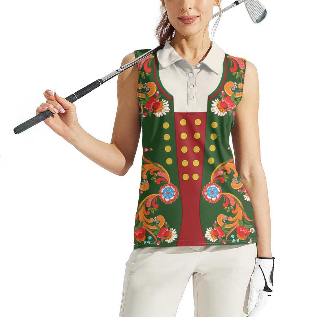 Norwegian Male Bunad Women Sleeveless Polo Shirt with Rosemaling Folk Art Green Color - Wonder Print Shop