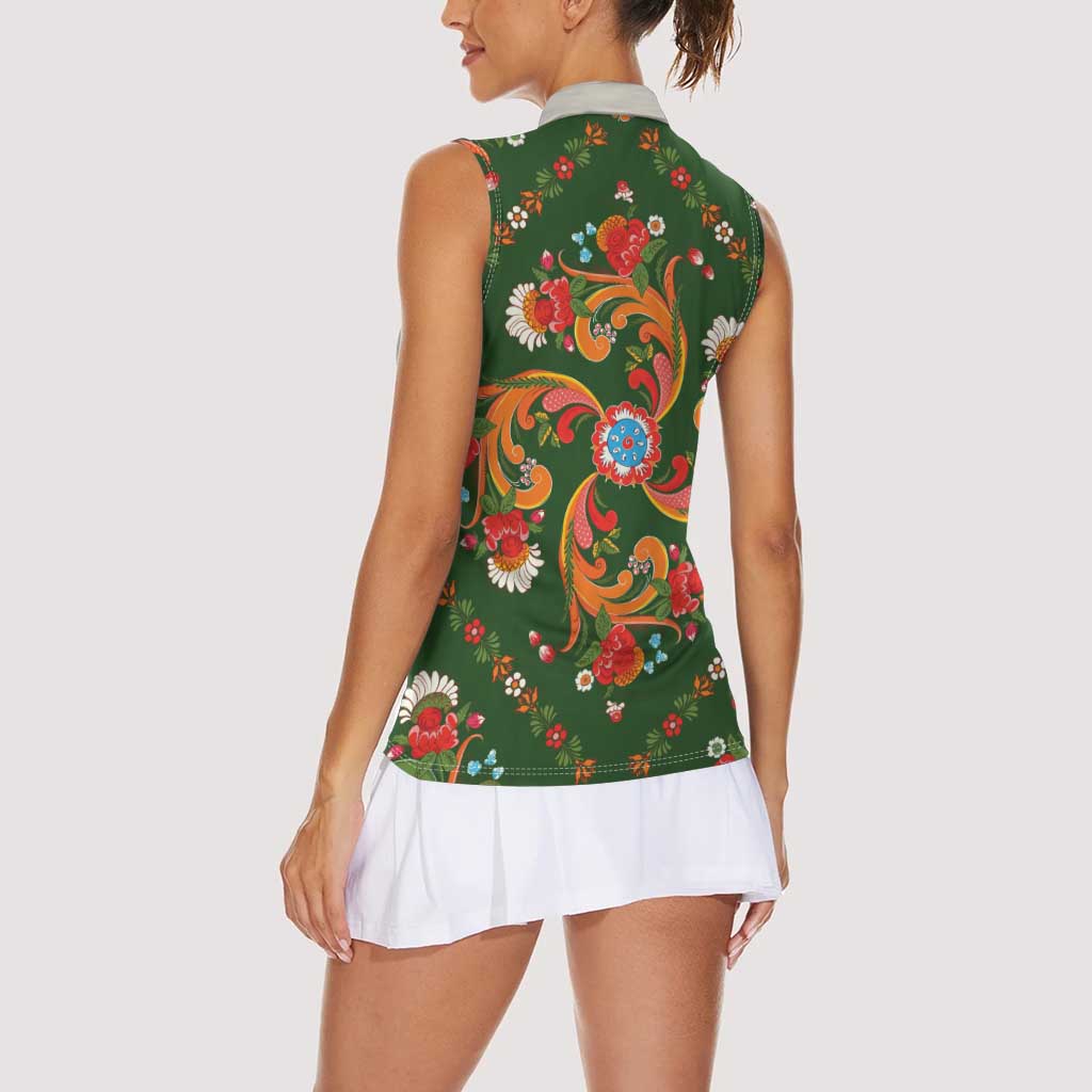 Norwegian Male Bunad Women Sleeveless Polo Shirt with Rosemaling Folk Art Green Color - Wonder Print Shop