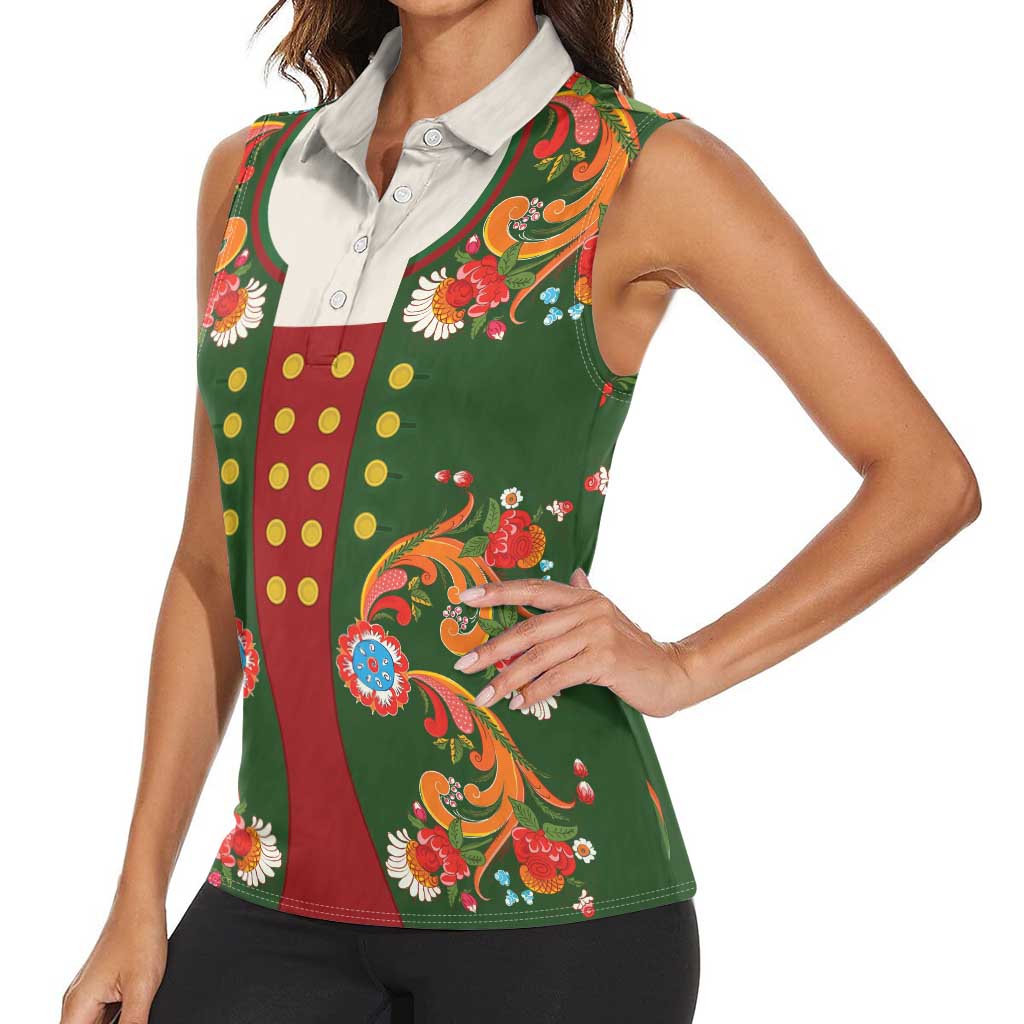 Norwegian Male Bunad Women Sleeveless Polo Shirt with Rosemaling Folk Art Green Color - Wonder Print Shop