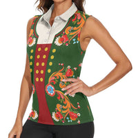 Norwegian Male Bunad Women Sleeveless Polo Shirt with Rosemaling Folk Art Green Color - Wonder Print Shop