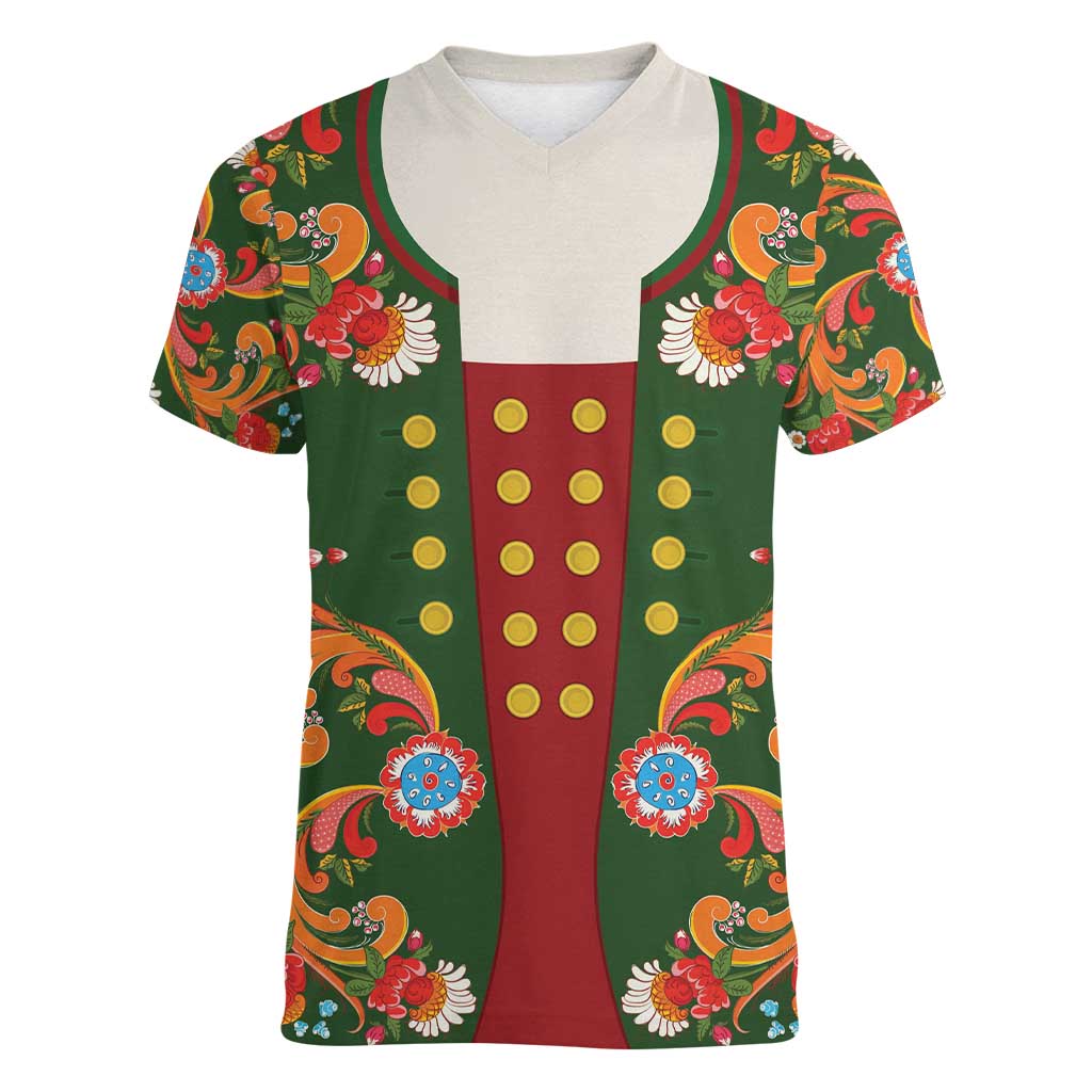 Norwegian Male Bunad Women V-Neck T-Shirt with Rosemaling Folk Art Green Color - Wonder Print Shop