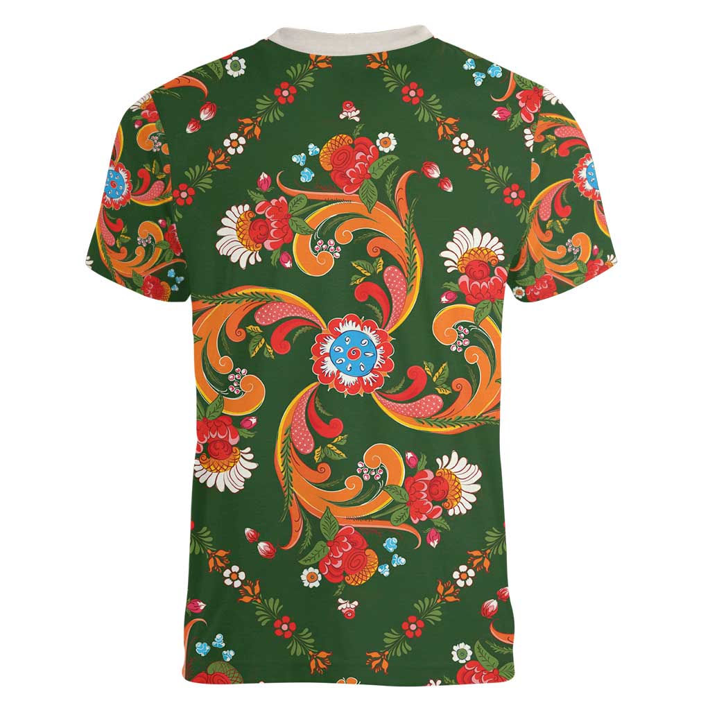 Norwegian Male Bunad Women V-Neck T-Shirt with Rosemaling Folk Art Green Color - Wonder Print Shop