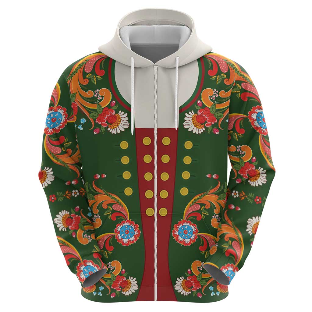 Norwegian Male Bunad Zip Hoodie with Rosemaling Folk Art Green Color - Wonder Print Shop