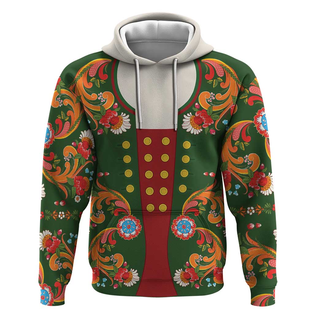 Norwegian Male Bunad Zip Hoodie with Rosemaling Folk Art Green Color - Wonder Print Shop
