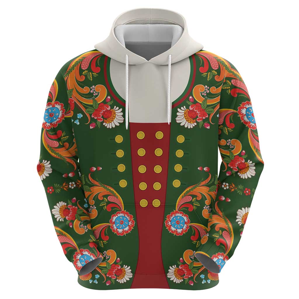 Norwegian Male Bunad Zip Hoodie with Rosemaling Folk Art Green Color - Wonder Print Shop